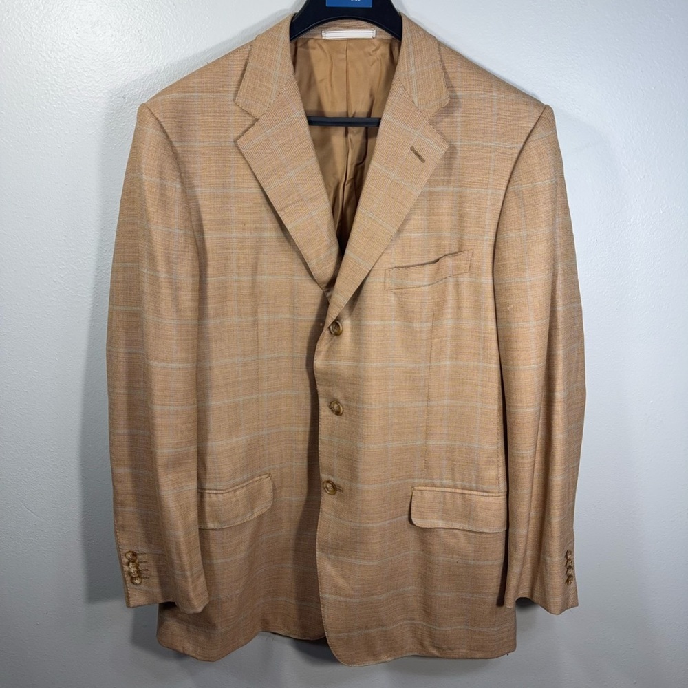 Ermenegildo Zegna Trofeo Sport Coat Mens 46R Wool Beige/Brown Plaid Italy